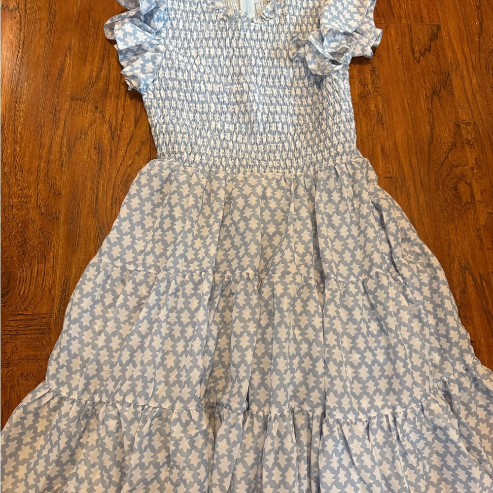 Elegant Blue and White Smocked Dress